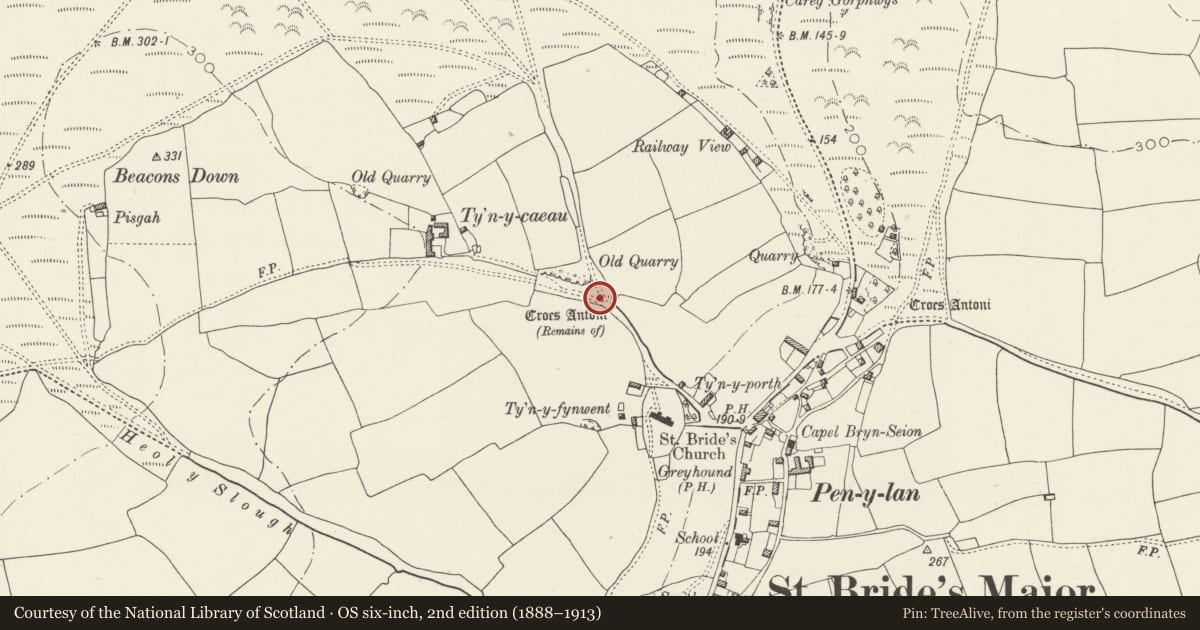 Ordnance Survey six-inch map, 2nd edition (1888–1913) covering the location of Croes Antoni, St. Bride's Major, Vale of Glamorgan, with a pin at the register's coordinates
