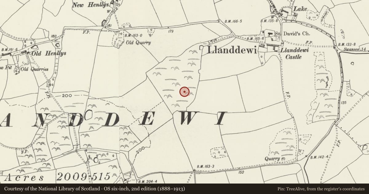 Ordnance Survey six-inch map, 2nd edition (1888–1913) covering the location of Earthwork 450m SW of Llanddewi Church, Port Eynon, Swansea, with a pin at the register's coordinates