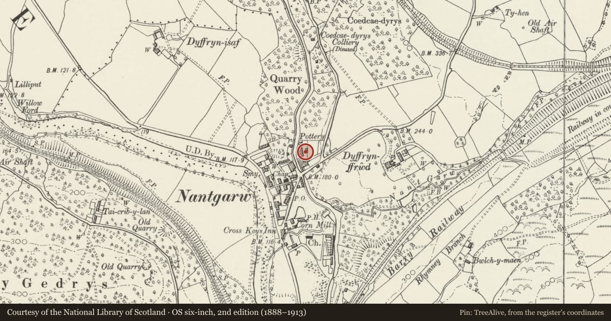 Ordnance Survey six-inch map, 2nd edition (1888–1913) covering the location of The Pottery, Nantgarw, Taffs Well, Rhondda Cynon Taff, with a pin at the register's coordinates
