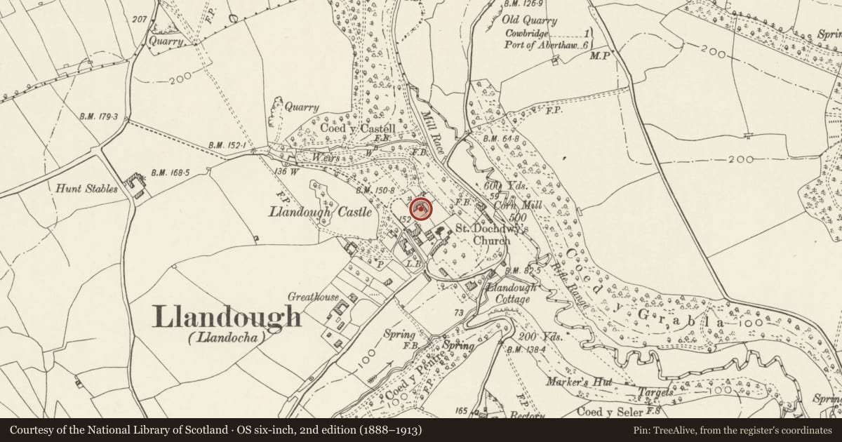 Ordnance Survey six-inch map, 2nd edition (1888–1913) covering the location of Llandough Castle, Remains of Hall, Llanfair, Vale of Glamorgan, with a pin at the register's coordinates