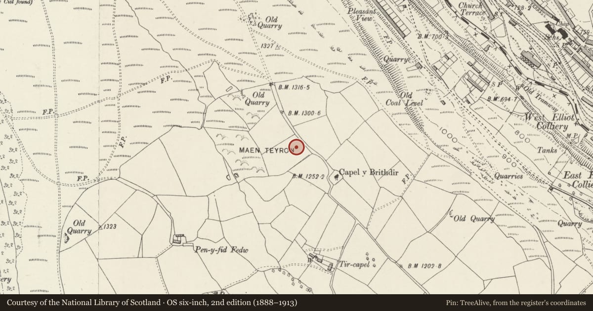 Ordnance Survey six-inch map, 2nd edition (1888–1913) covering the location of Site of Tegernacus Stone, Darran Valley, Caerphilly, with a pin at the register's coordinates
