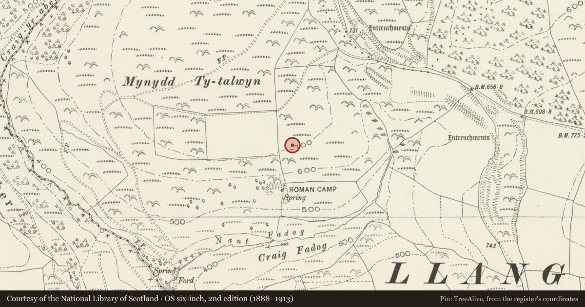 Ordnance Survey six-inch map, 2nd edition (1888–1913) covering the location of Earthwork & Platform Houses N of Nant Fadog, Llangynwyd Lower, Bridgend, with a pin at the register's coordinates