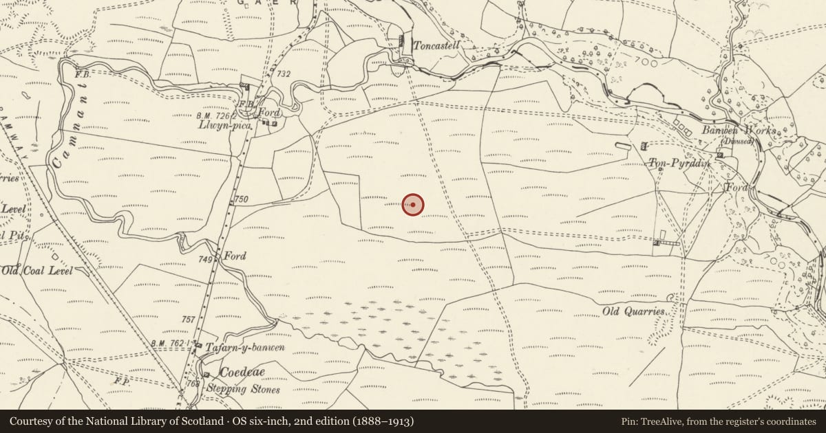 Ordnance Survey six-inch map, 2nd edition (1888–1913) covering the location of Roman Marching Camp South East of Coelbren Fort, Onllwyn, Neath Port Talbot, with a pin at the register's coordinates