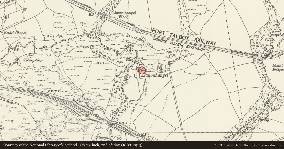 Ordnance Survey six-inch map, 2nd edition (1888–1913) covering the location of Sculptured Cross Llanmihangel Farm, Margam, Neath Port Talbot, with a pin at the register's coordinates