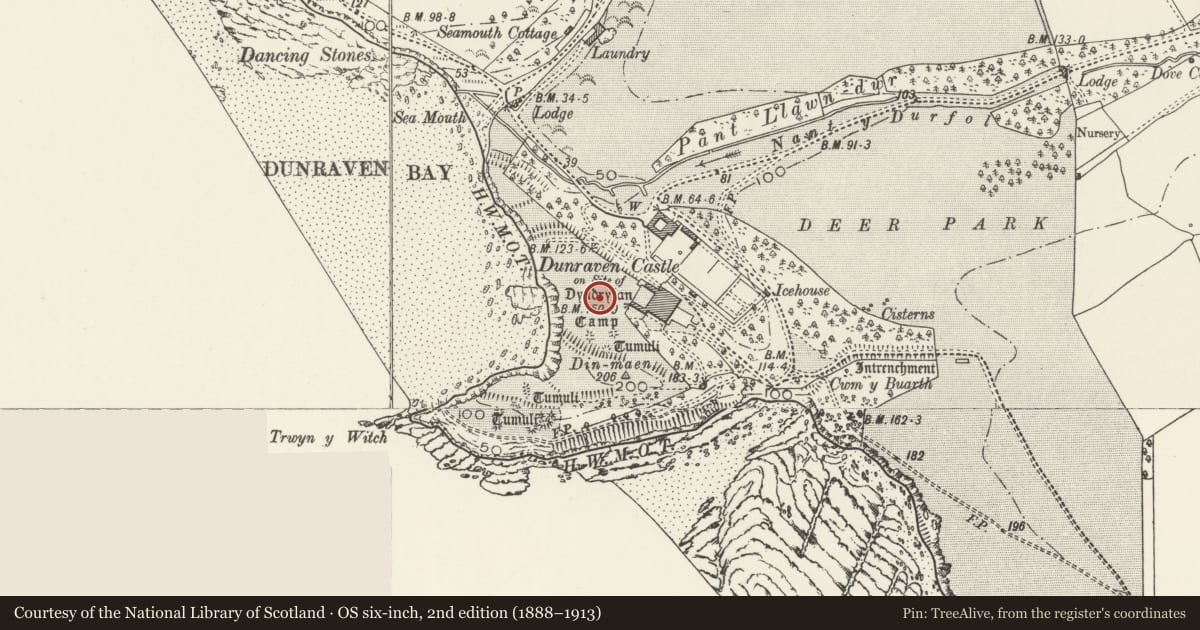 Ordnance Survey six-inch map, 2nd edition (1888–1913) covering the location of Dunraven Castle Hillfort, St. Bride's Major, Vale of Glamorgan, with a pin at the register's coordinates