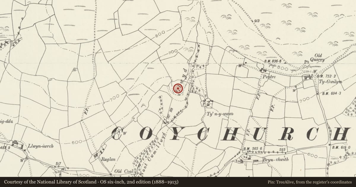 Ordnance Survey six-inch map, 2nd edition (1888–1913) covering the location of Camp at Cwm Llwyd, Coychurch Higher, Bridgend, with a pin at the register's coordinates