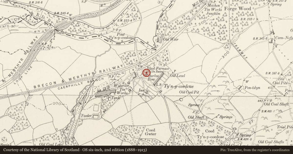 Ordnance Survey six-inch map, 2nd edition (1888–1913) covering the location of Rudry Ironworks, Caerphilly, with a pin at the register's coordinates