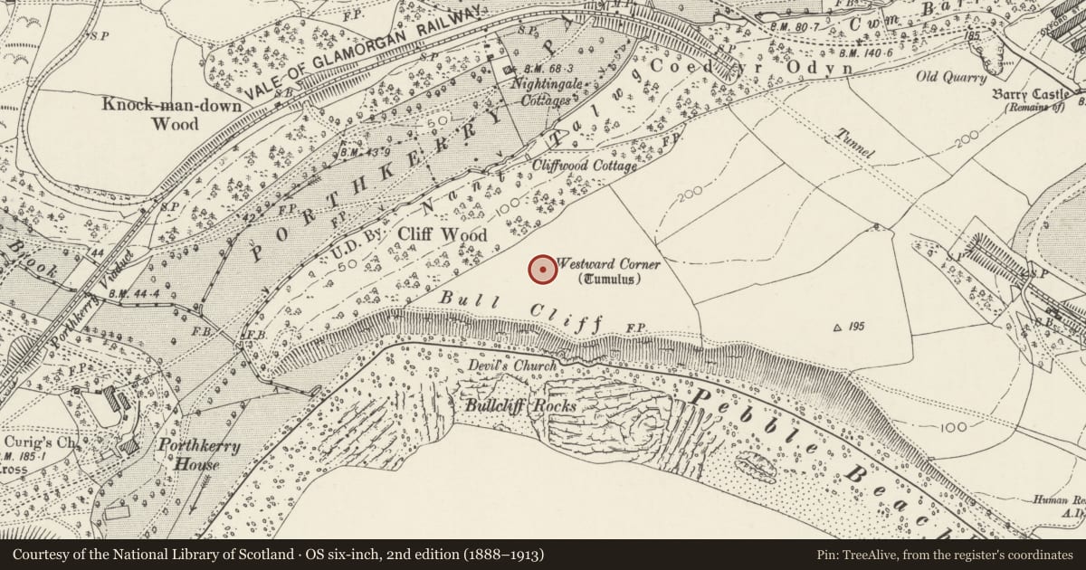 Ordnance Survey six-inch map, 2nd edition (1888–1913) covering the location of Westward Corner Round Barrow, Barry, Vale of Glamorgan, with a pin at the register's coordinates