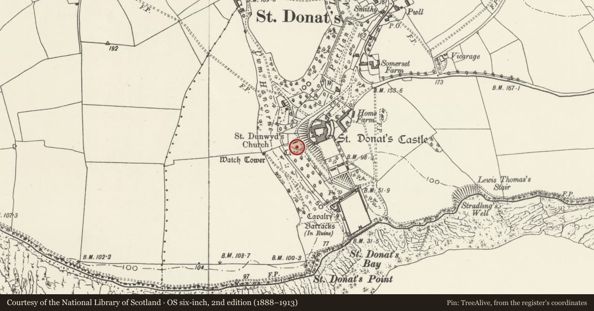 Ordnance Survey six-inch map, 2nd edition (1888–1913) covering the location of St Donat's Churchyard Cross, St. Donats, Vale of Glamorgan, with a pin at the register's coordinates