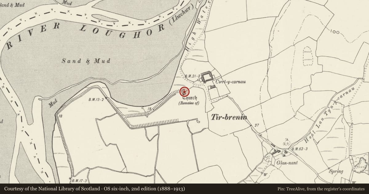 Ordnance Survey six-inch map, 2nd edition (1888–1913) covering the location of St Michael's Chapel, Cwrt-y-Carne, Gorseinon, Swansea, with a pin at the register's coordinates