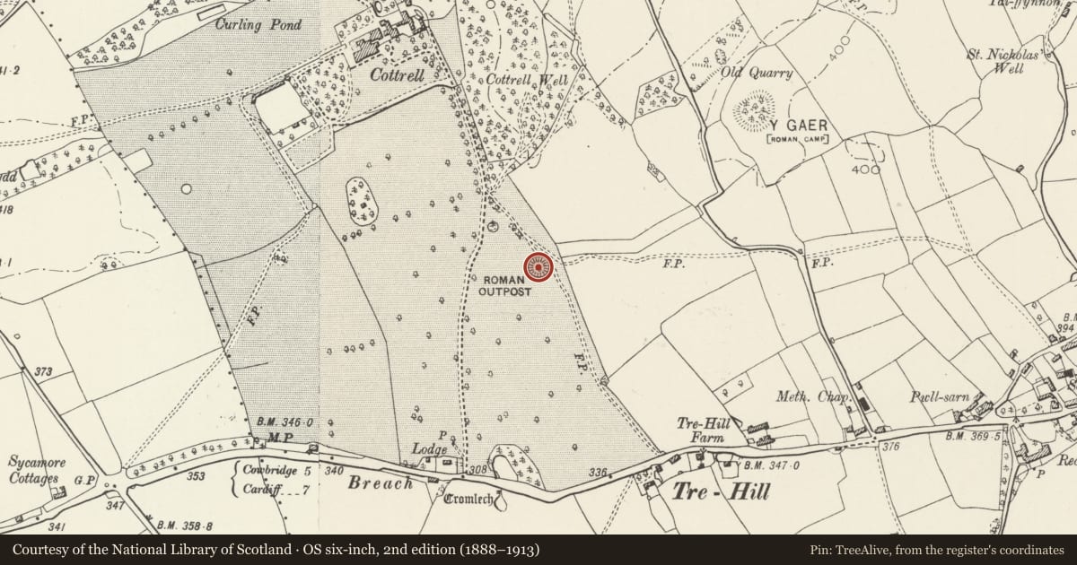 Ordnance Survey six-inch map, 2nd edition (1888–1913) covering the location of Cottrell Castle Mound, St. Nicholas and Bonvilston, Vale of Glamorgan, with a pin at the register's coordinates