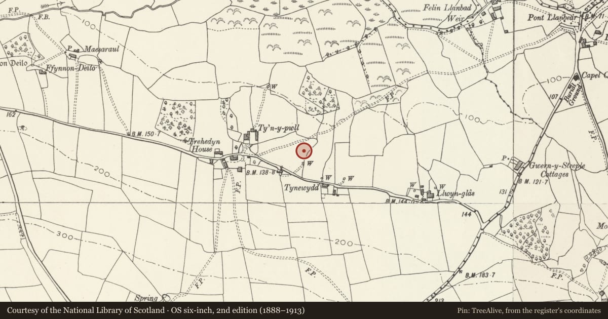 Ordnance Survey six-inch map, 2nd edition (1888–1913) covering the location of Two Cooking Mounds E of Ty'n-y-Pwll, Pendoylan, Vale of Glamorgan, with a pin at the register's coordinates