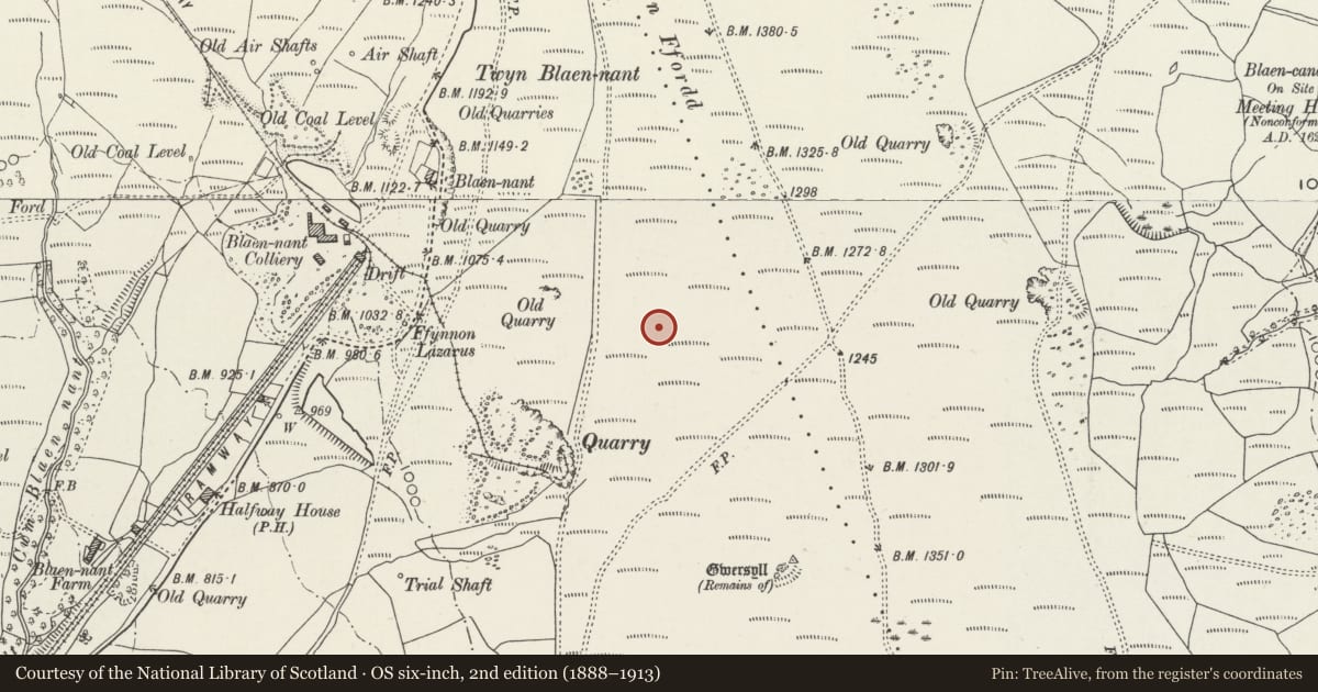 Ordnance Survey six-inch map, 2nd edition (1888–1913) covering the location of Ring Cairn South of Twyn Blaennant, Aberdare West, Rhondda Cynon Taff, with a pin at the register's coordinates