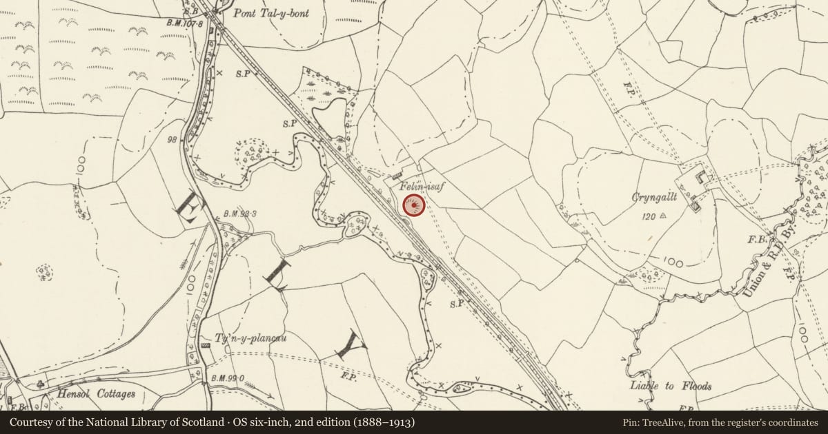 Ordnance Survey six-inch map, 2nd edition (1888–1913) covering the location of Felin Isaf Castle Mound, Pendoylan, Vale of Glamorgan, with a pin at the register's coordinates