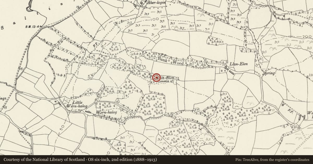 Ordnance Survey six-inch map, 2nd edition (1888–1913) covering the location of Llanelen Chapel Site, Llanrhidian Lower, Swansea, with a pin at the register's coordinates