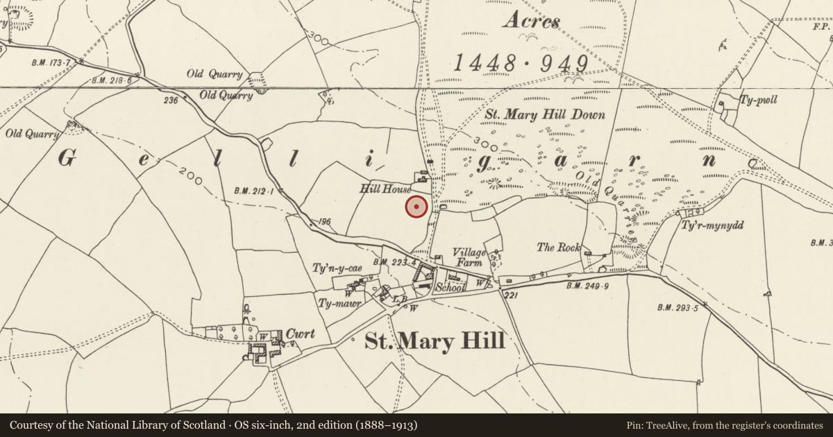 Ordnance Survey six-inch map, 2nd edition (1888–1913) covering the location of Ringwork & Bailey at Gelligarn, Llangan, Vale of Glamorgan, with a pin at the register's coordinates