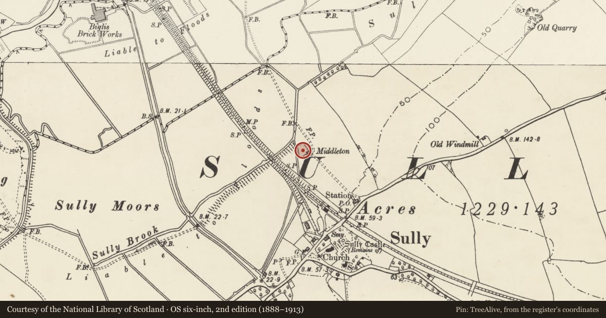 Ordnance Survey six-inch map, 2nd edition (1888–1913) covering the location of Middleton Moated Site, Sully, Vale of Glamorgan, with a pin at the register's coordinates