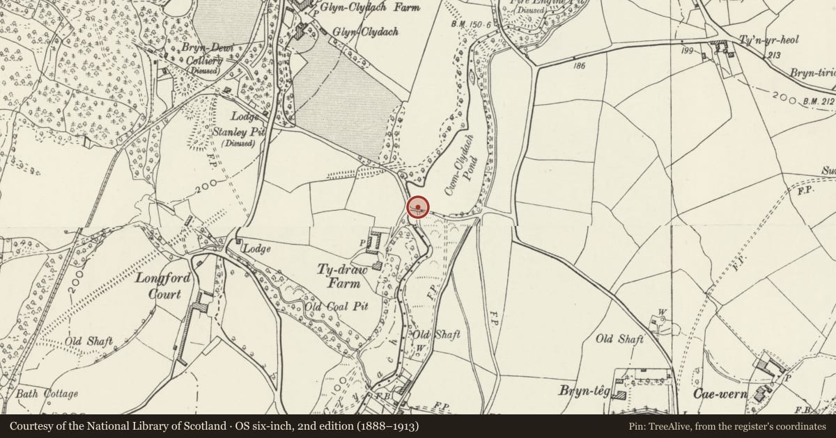 Ordnance Survey six-inch map, 2nd edition (1888–1913) covering the location of Neath Abbey Ironworks Dam, Dyffryn Clydach, Neath Port Talbot, with a pin at the register's coordinates