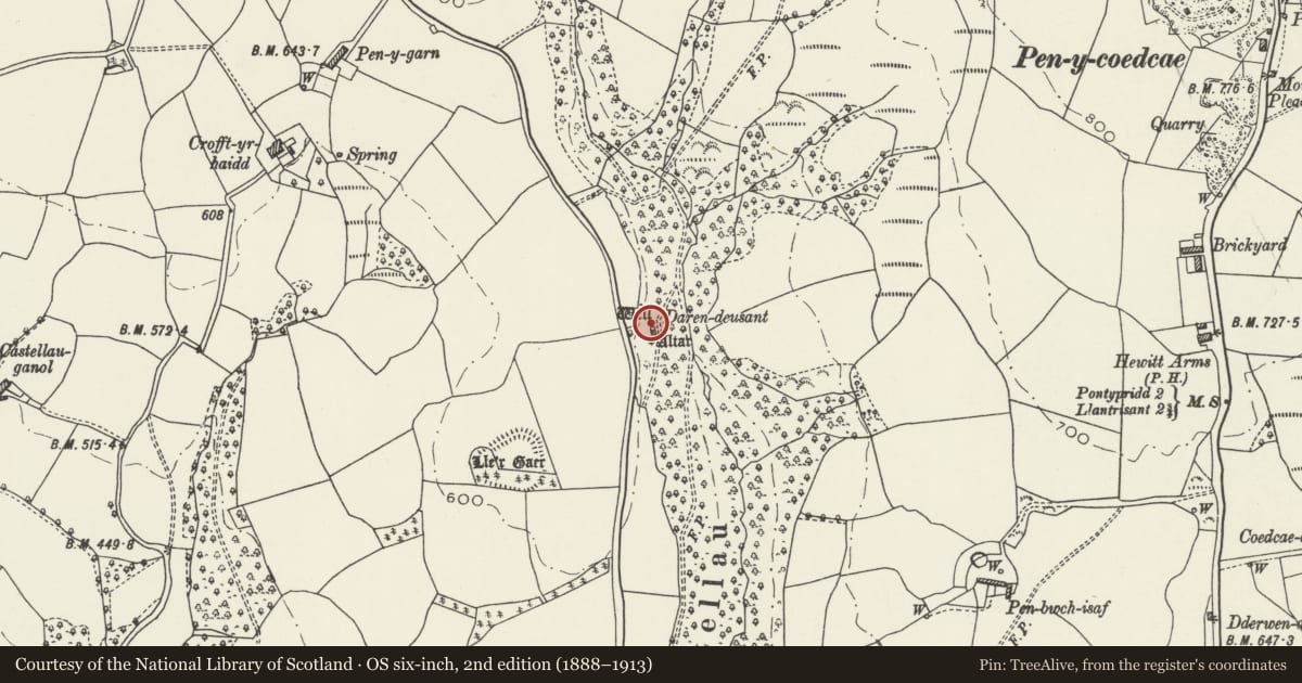 Ordnance Survey six-inch map, 2nd edition (1888–1913) covering the location of Tarren Deusant Sculptured Rock & Spring, Llantrisant, Rhondda Cynon Taff, with a pin at the register's coordinates