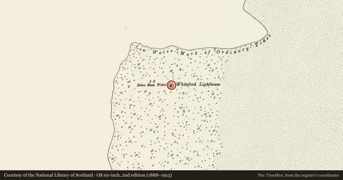 Ordnance Survey six-inch map, 2nd edition (1888–1913) covering the location of Iron Lighthouse at Whitford Point, Llangennith, Llanmadoc and Cheriton, Swansea, with a pin at the register's coordinates
