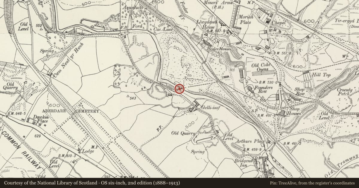 Ordnance Survey six-inch map, 2nd edition (1888–1913) covering the location of Gelli-Isaf Tramroad Bridge, Abernant Tramroad, Llwydcoed, Rhondda Cynon Taff, with a pin at the register's coordinates