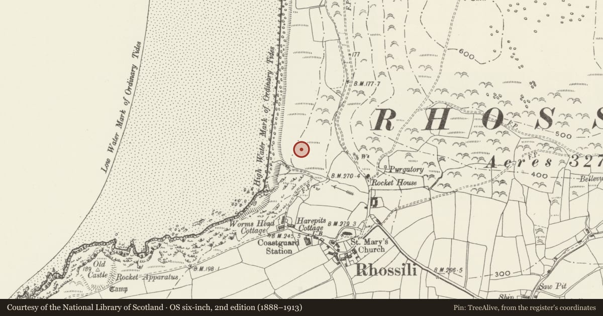 Ordnance Survey six-inch map, 2nd edition (1888–1913) covering the location of Remains of Medieval Building & Church at Rhossili, Swansea, with a pin at the register's coordinates