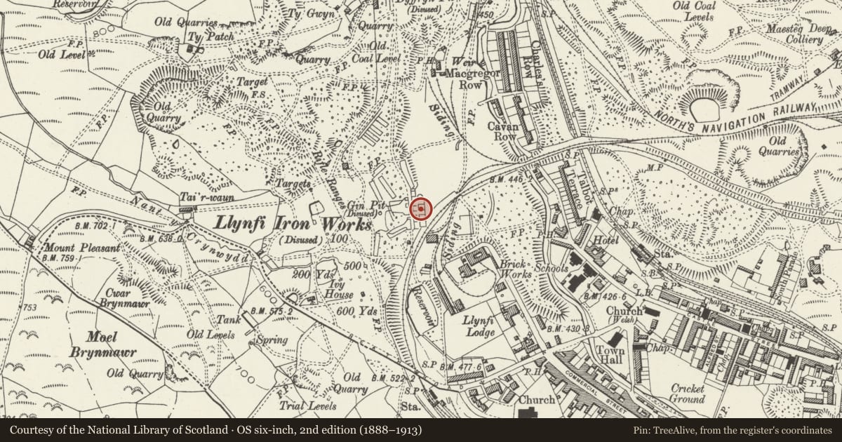 Ordnance Survey six-inch map, 2nd edition (1888–1913) covering the location of Maesteg blast furnaces, Bridgend, with a pin at the register's coordinates