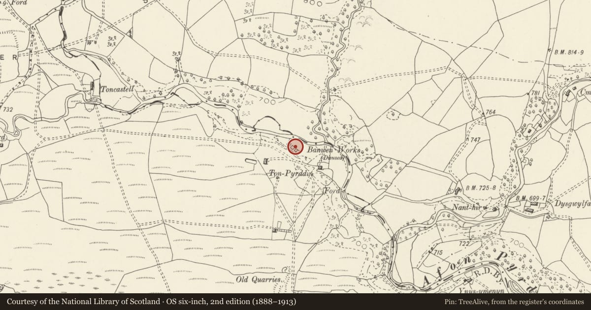 Ordnance Survey six-inch map, 2nd edition (1888–1913) covering the location of Remains of Blast Furnaces at Banwen, Onllwyn, Neath Port Talbot, with a pin at the register's coordinates