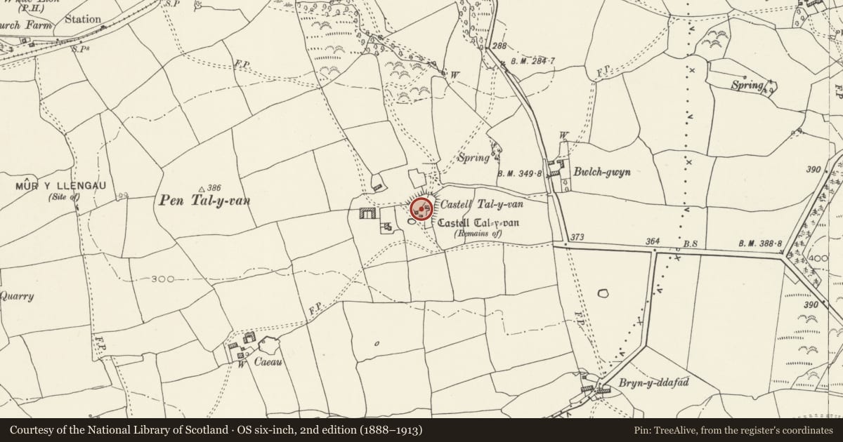 Ordnance Survey six-inch map, 2nd edition (1888–1913) covering the location of Castell Tal-y-Fan, Welsh St. Donats, Vale of Glamorgan, with a pin at the register's coordinates