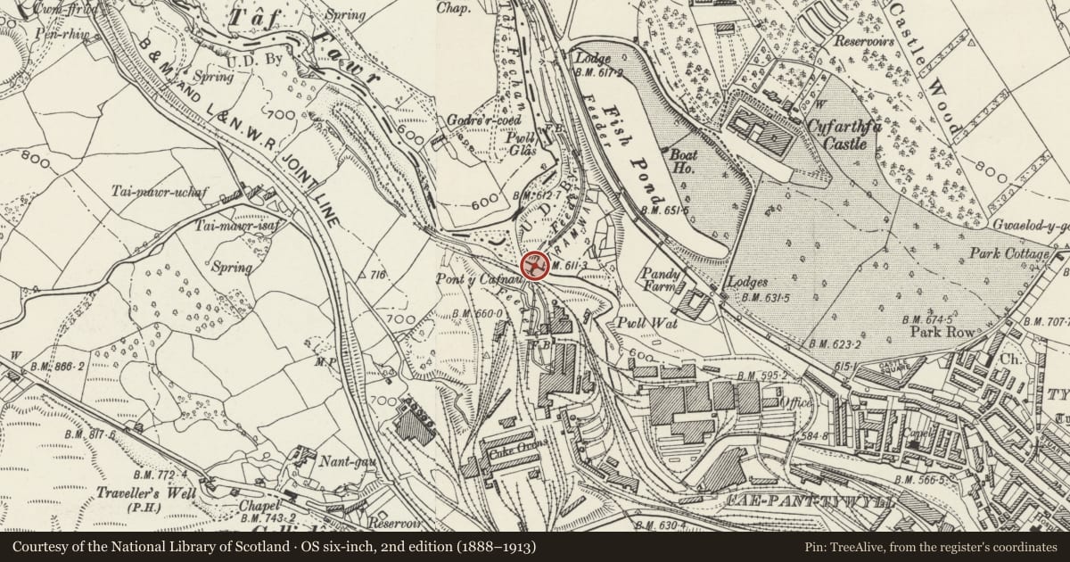 Ordnance Survey six-inch map, 2nd edition (1888–1913) covering the location of Pont y Cafnau Tramroad Bridge, Park, Merthyr Tydfil, with a pin at the register's coordinates