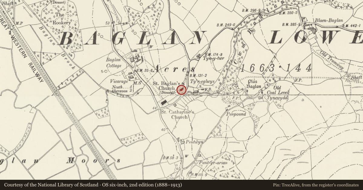 Ordnance Survey six-inch map, 2nd edition (1888–1913) covering the location of Ruins of St Baglan's Church, Neath Port Talbot, with a pin at the register's coordinates