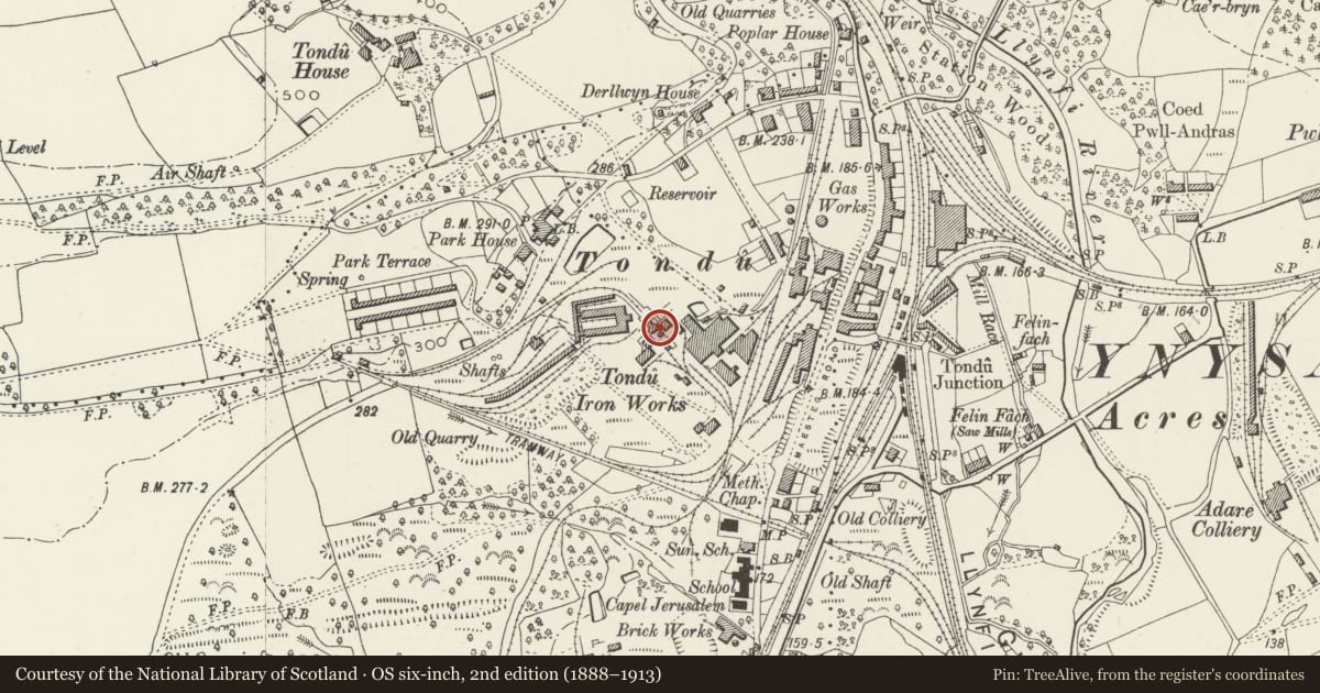 Ordnance Survey six-inch map, 2nd edition (1888–1913) covering the location of Remains of Tondu Ironworks, Ynysawdre, Bridgend, with a pin at the register's coordinates