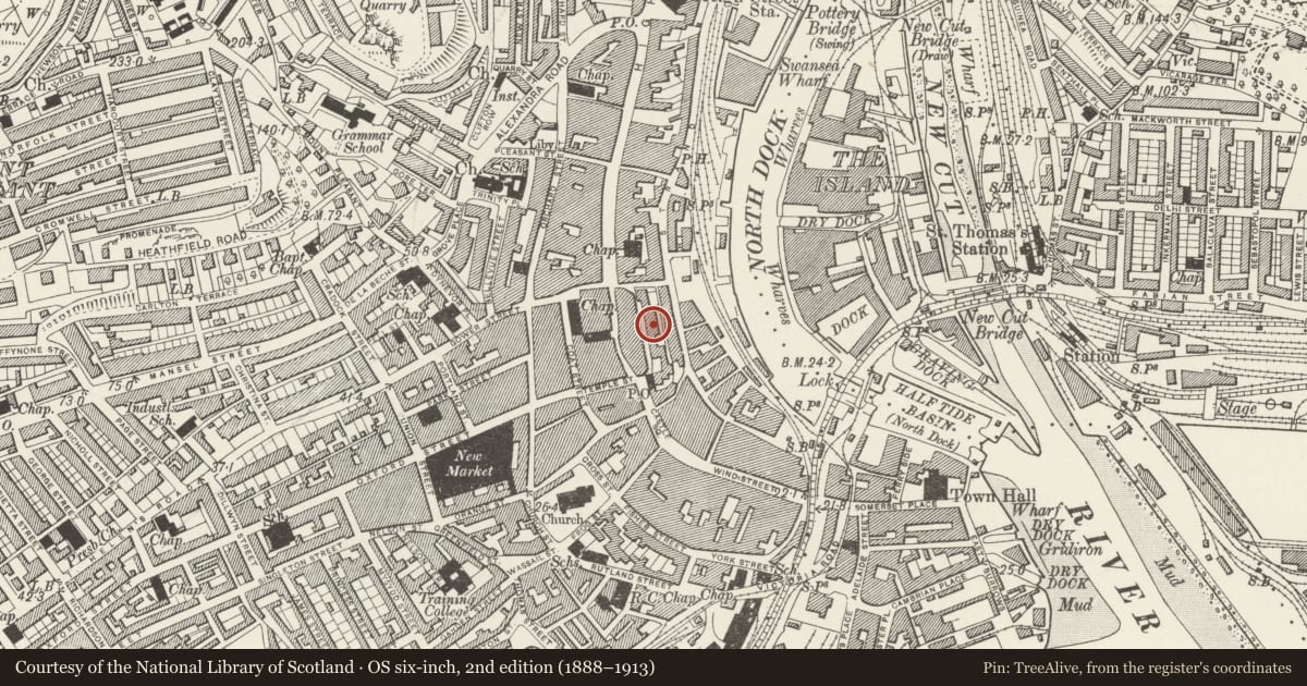 Ordnance Survey six-inch map, 2nd edition (1888–1913) covering the location of Original Swansea Castle, Swansea, with a pin at the register's coordinates