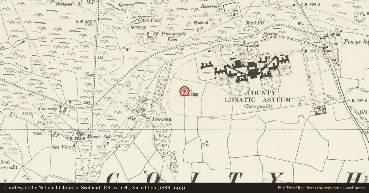 Ordnance Survey six-inch map, 2nd edition (1888–1913) covering the location of Derwen Moated Site, Coity Higher, Bridgend, with a pin at the register's coordinates