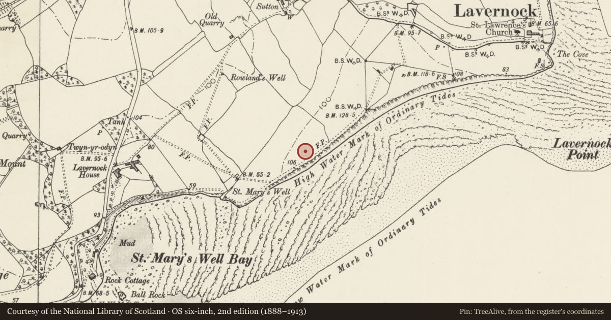 Ordnance Survey six-inch map, 2nd edition (1888–1913) covering the location of Anti-aircraft and Coastal Battery West of Lavernock Point, Sully, Vale of Glamorgan, with a pin at the register's coordinates