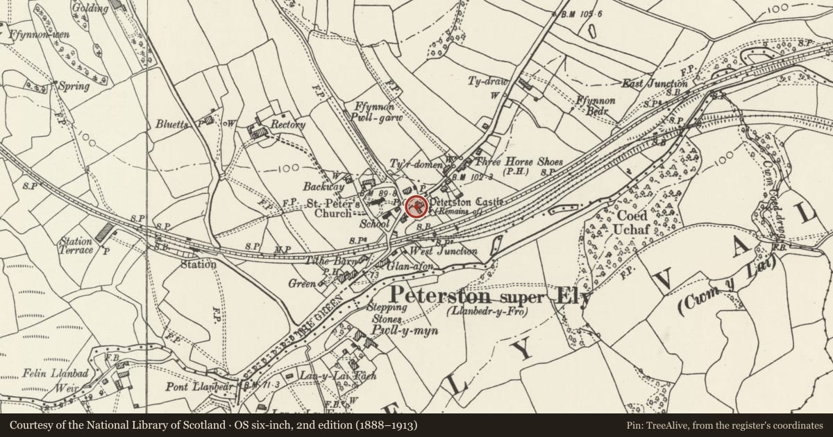 Ordnance Survey six-inch map, 2nd edition (1888–1913) covering the location of Remains of Peterston Castle, Peterston-super-Ely, Vale of Glamorgan, with a pin at the register's coordinates