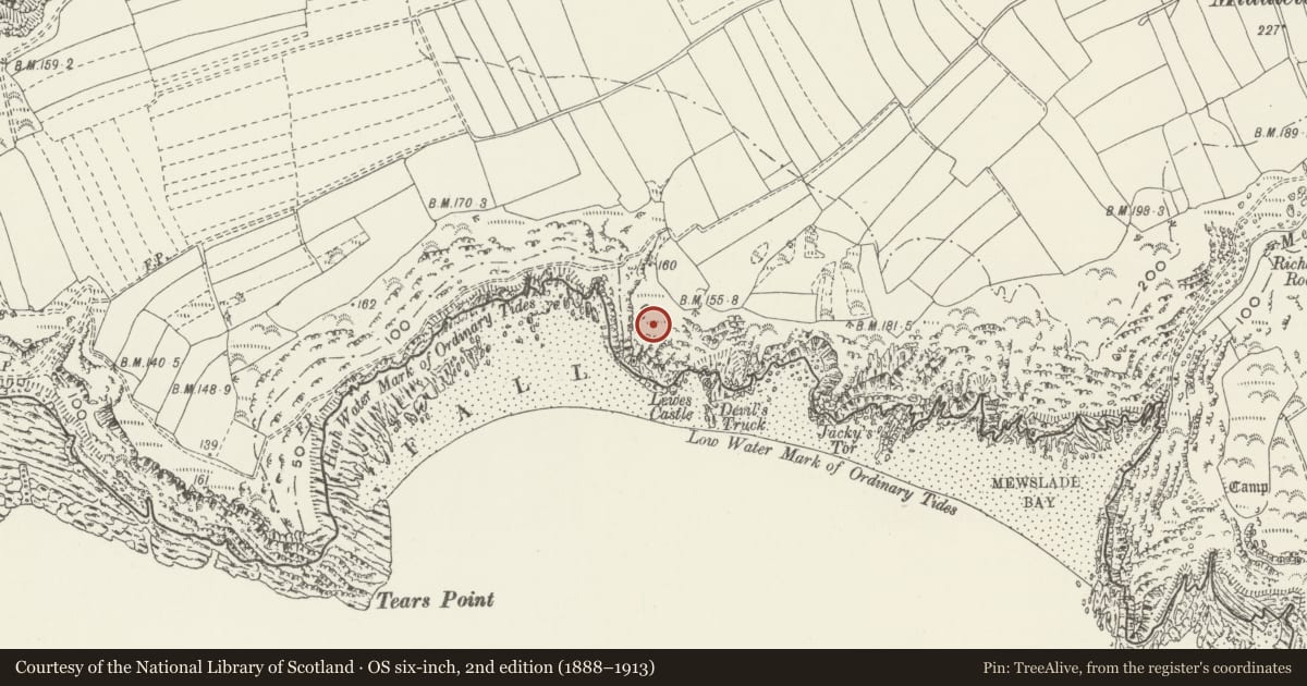 Ordnance Survey six-inch map, 2nd edition (1888–1913) covering the location of Lewes Castle Promontory Fort, Rhossili, Swansea, with a pin at the register's coordinates