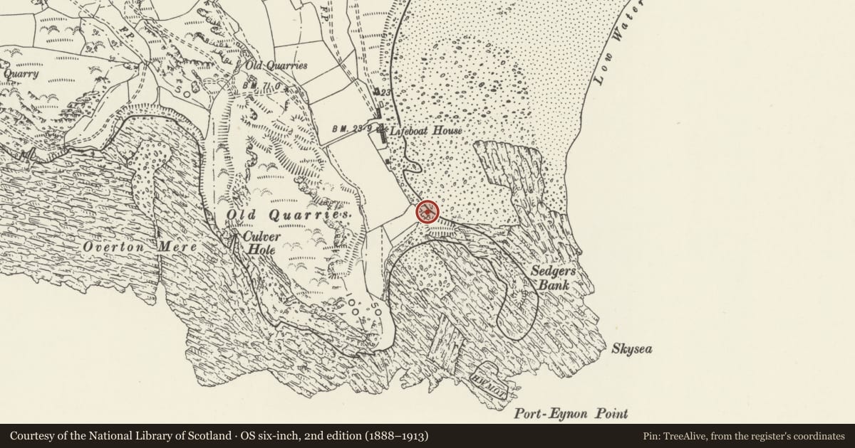 Ordnance Survey six-inch map, 2nd edition (1888–1913) covering the location of The Salthouse, Port Eynon, Swansea, with a pin at the register's coordinates
