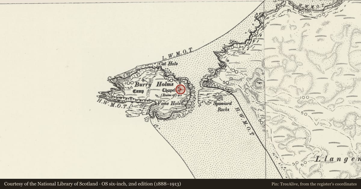 Ordnance Survey six-inch map, 2nd edition (1888–1913) covering the location of Medieval Hermitage Site on Burry Holms, Llangennith, Llanmadoc and Cheriton, Swansea, with a pin at the register's coordinates