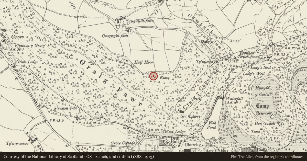 Ordnance Survey six-inch map, 2nd edition (1888–1913) covering the location of Half Moon Camp, Margam, Neath Port Talbot, with a pin at the register's coordinates
