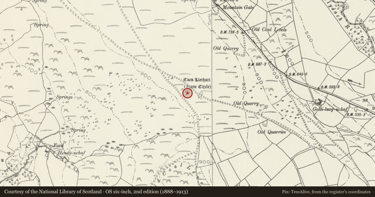 Ordnance Survey six-inch map, 2nd edition (1888–1913) covering the location of Burial Chamber Nr Carn Llechart, Pontardawe, Neath Port Talbot, with a pin at the register's coordinates