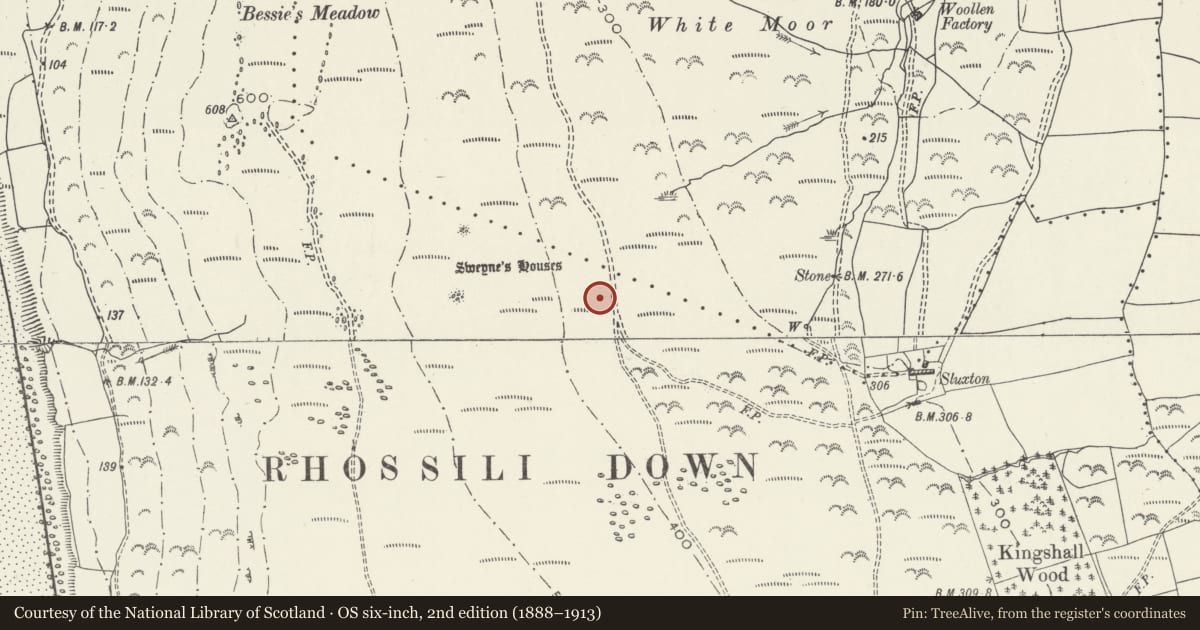 Ordnance Survey six-inch map, 2nd edition (1888–1913) covering the location of Enclosure on Rhossili Down, Llangennith, Llanmadoc and Cheriton, Swansea, with a pin at the register's coordinates