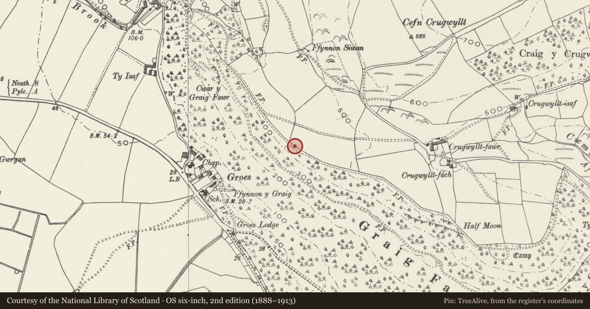 Ordnance Survey six-inch map, 2nd edition (1888–1913) covering the location of Chain Home Low Radar Station, Margam, Neath Port Talbot, with a pin at the register's coordinates