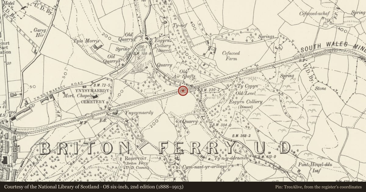 Ordnance Survey six-inch map, 2nd edition (1888–1913) covering the location of Ynysmaerdy Railway Incline, Neath, Neath Port Talbot, with a pin at the register's coordinates