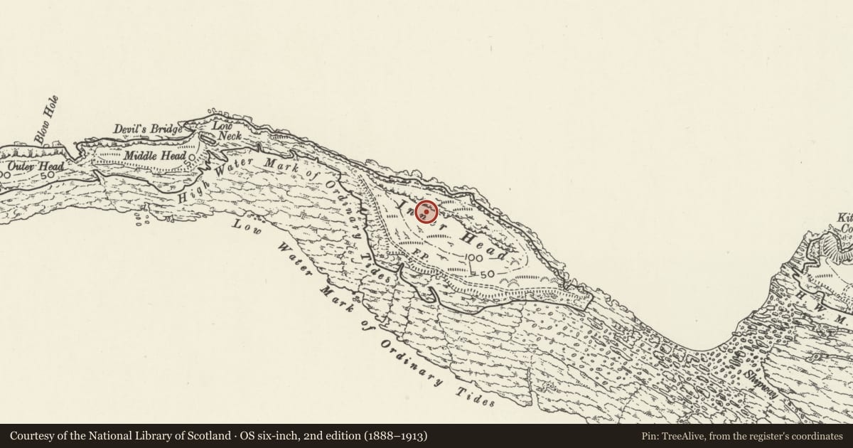 Ordnance Survey six-inch map, 2nd edition (1888–1913) covering the location of Promontory Fort on Worms Head, Rhossili, Swansea, with a pin at the register's coordinates