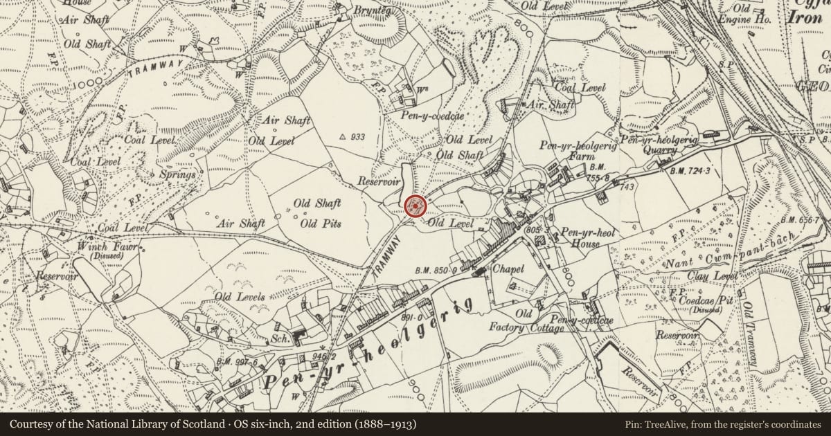Ordnance Survey six-inch map, 2nd edition (1888–1913) covering the location of Cyfarthfa Tramroad Section at Heolgerrig, Merthyr Tydfil, with a pin at the register's coordinates