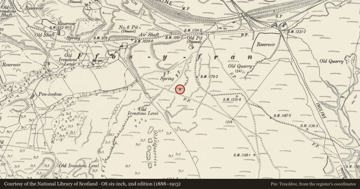 Ordnance Survey six-inch map, 2nd edition (1888–1913) covering the location of Deserted Iron Mining Village, Ffos-y-fran, Troed-y-Rhiw, Merthyr Tydfil, with a pin at the register's coordinates