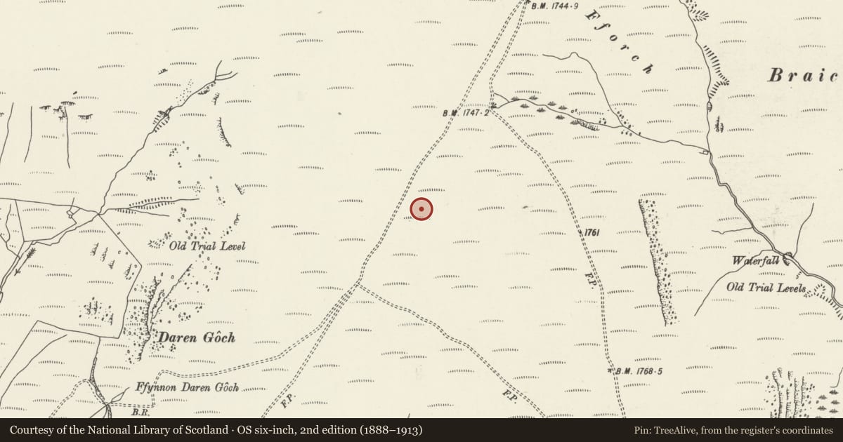 Ordnance Survey six-inch map, 2nd edition (1888–1913) covering the location of Round Barrow on the Werfa, Ogmore Valley, Bridgend, with a pin at the register's coordinates