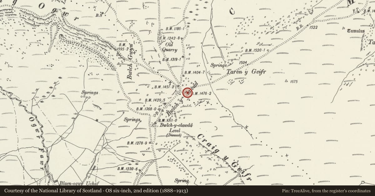 Ordnance Survey six-inch map, 2nd edition (1888–1913) covering the location of Bwlch y Clawdd Dyke, Treorchy, Rhondda Cynon Taff, with a pin at the register's coordinates
