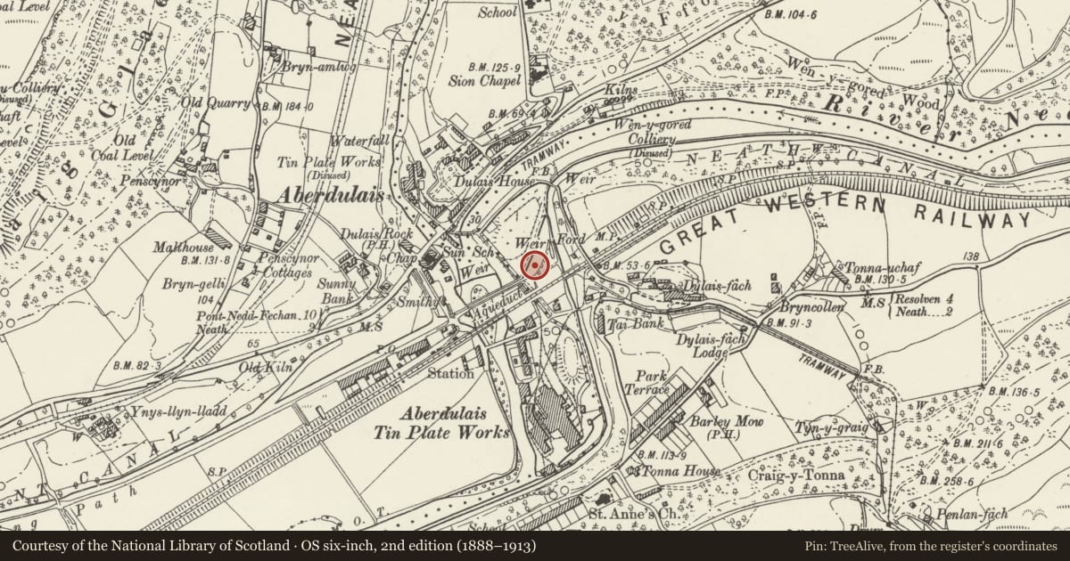 Ordnance Survey six-inch map, 2nd edition (1888–1913) covering the location of Canal Boat at Aberdulais Basin, Tonna, Neath Port Talbot, with a pin at the register's coordinates